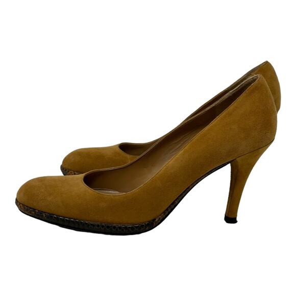 Stuart Weitzman Purist Camel Suede Reptile Skin Trim Heels Pumps Size 7 - Picture 3 of 14
